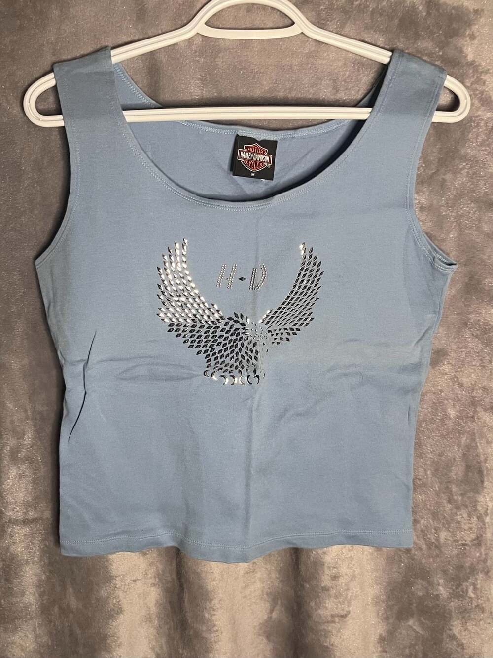 Vintage Harley-Davidson Blue Rhinestone Eagle Tank Top Wolverine Michigan